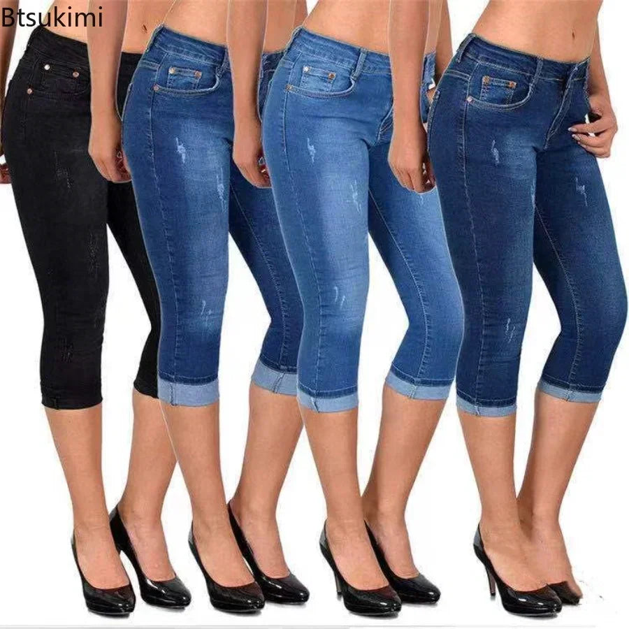 Summer Women's Skinny Denim Pants Mid Waist Stretch Capri Pants Knee