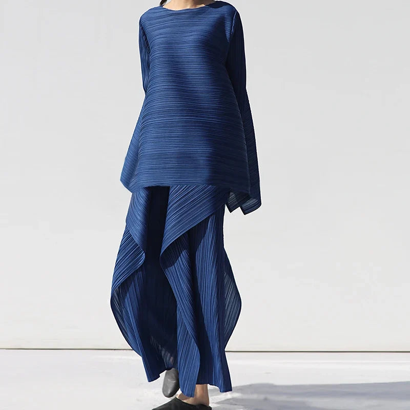Miyake Pleated Women Two Piece Sets 2023 Summer Long Sleeve T-shirt Tops Ladies Loose Pants Original Designer Causal Clothes