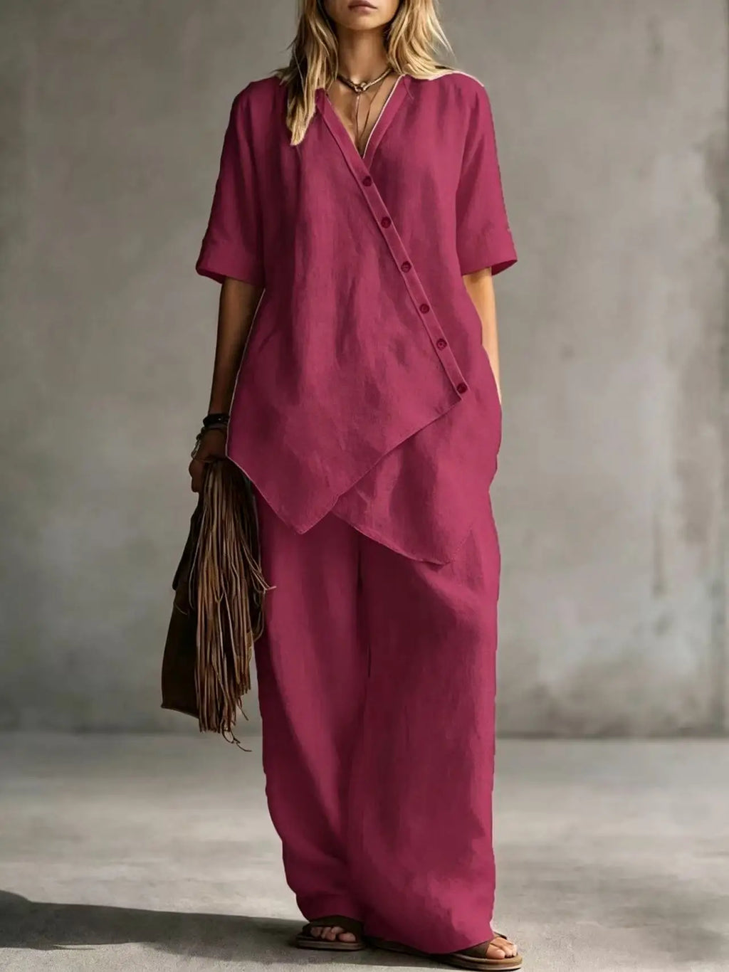 Women's Fashion Casual Solid Color V-Neck Loose Short Sleeve Top and