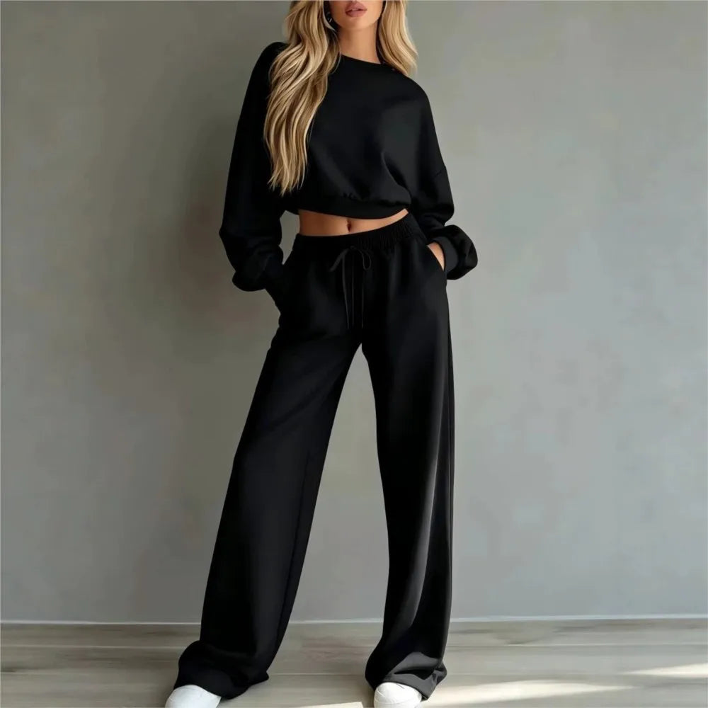 Autumn New Casual O Neck Long-Sleeved Ultra-Short Sweatshirt Trousers