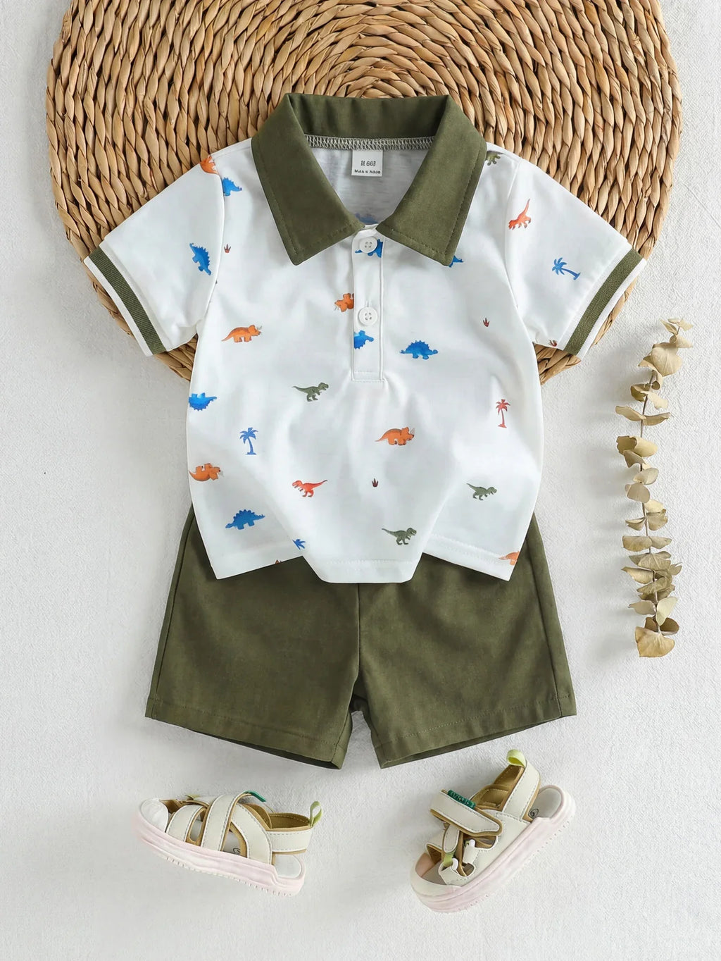 Baby Boy Polo 2‑piece Set, Printed Lapel Short‑sleeve Top with Solid