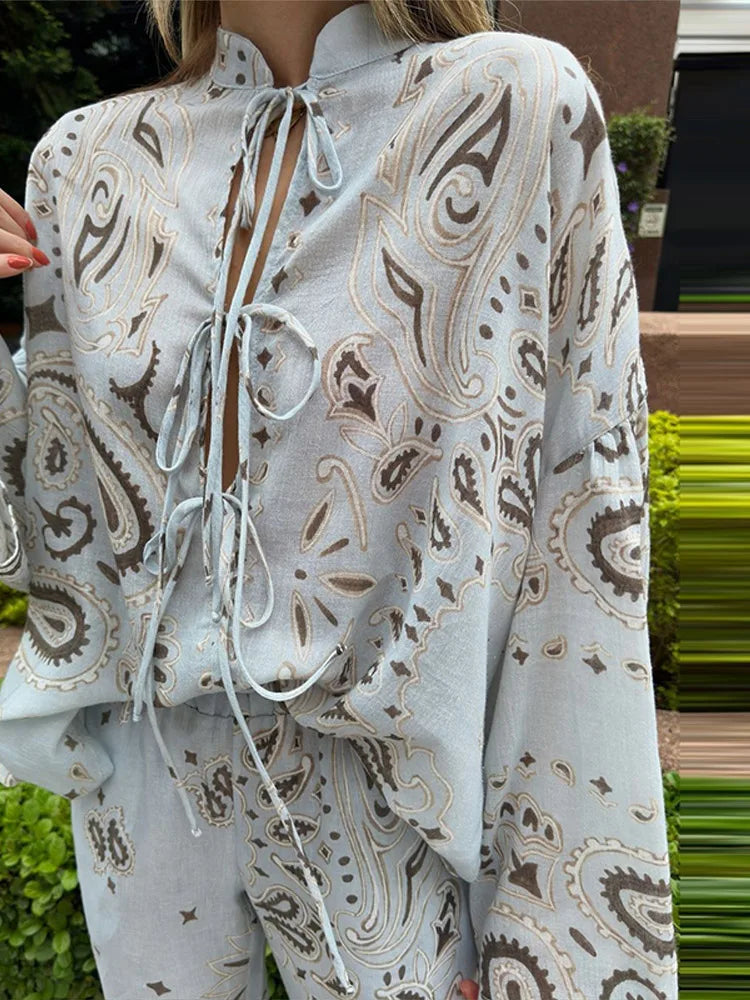 Casual Printed Women's Shirt Trouser Suits Lace Up Long Sleeve Loose