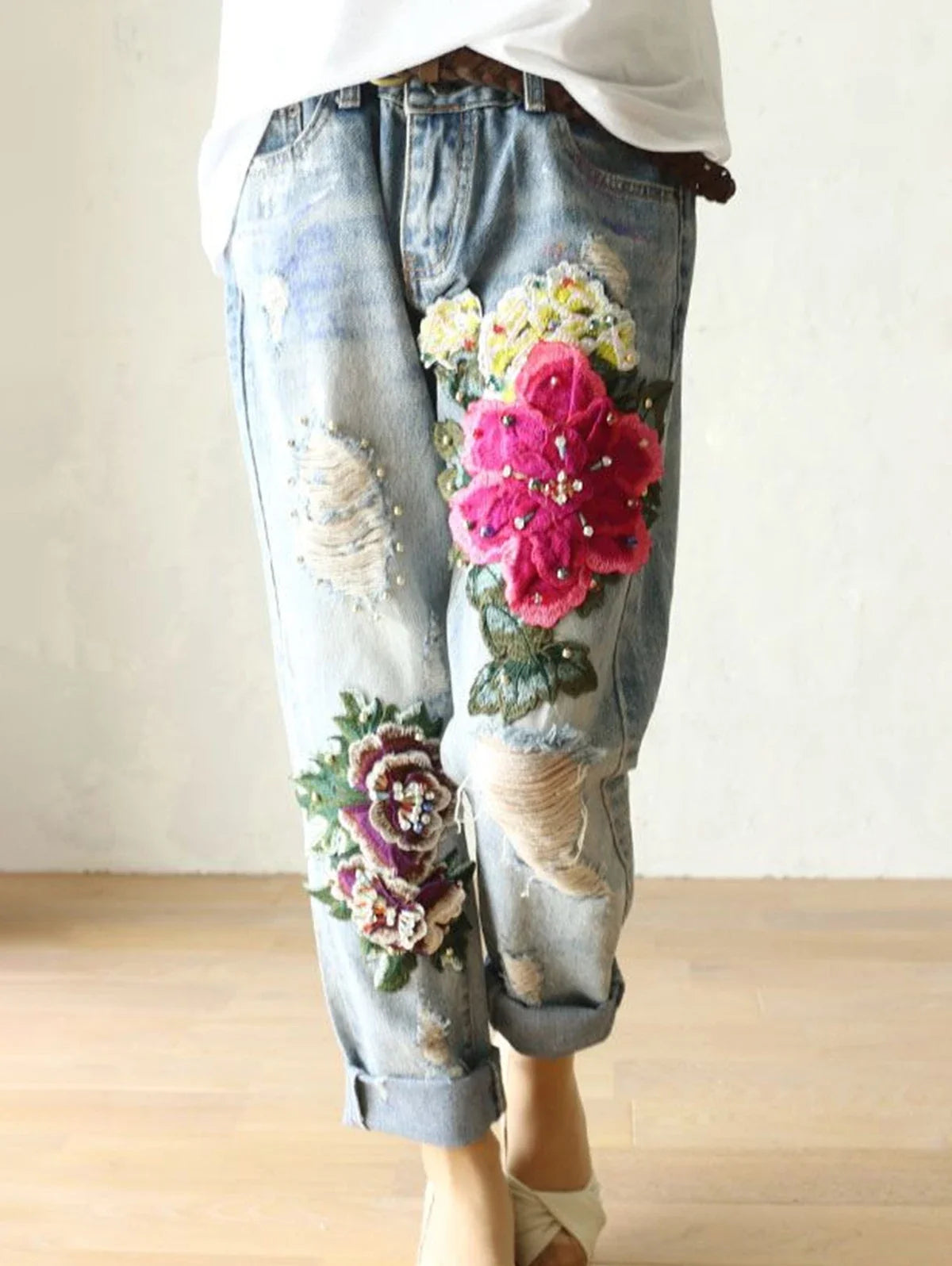 Fashion Jeans for Women Summer Casual Floral Embroidery Denim Trousers