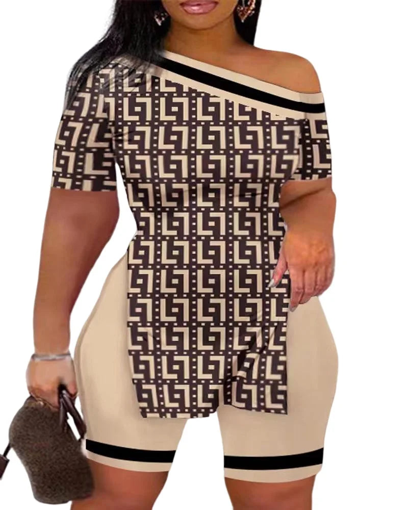 Print Two Piece Shorts Sets Women Skew Collar Short Sleeve Shirts Side Split Tops Pullover Elastic Waist Trousers Summer 2025