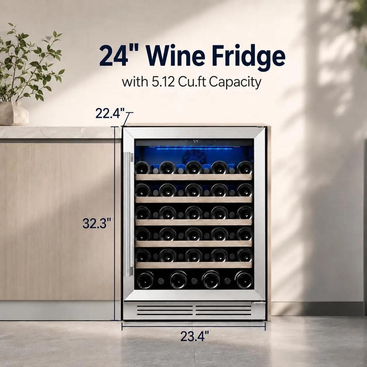28-Bottle 24-Inch, 52-Bottle 24-Inch Wine Fridge Built-In Single-Zone Cooler | 41-64°F Digital Control, Compressor Cooling, Double-Pane Glass Door, LED Lighting, Lockable Door, Built-In or Freestanding