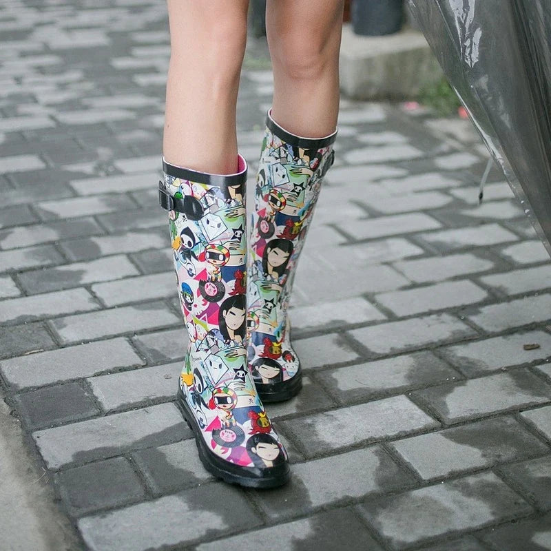Miaoguan 2026 Women Rainboots Non-slip Waterproof Rain Shoes Cartoons Rubber Mid Calf Casual Female Water Shoes Woman Galoshes
