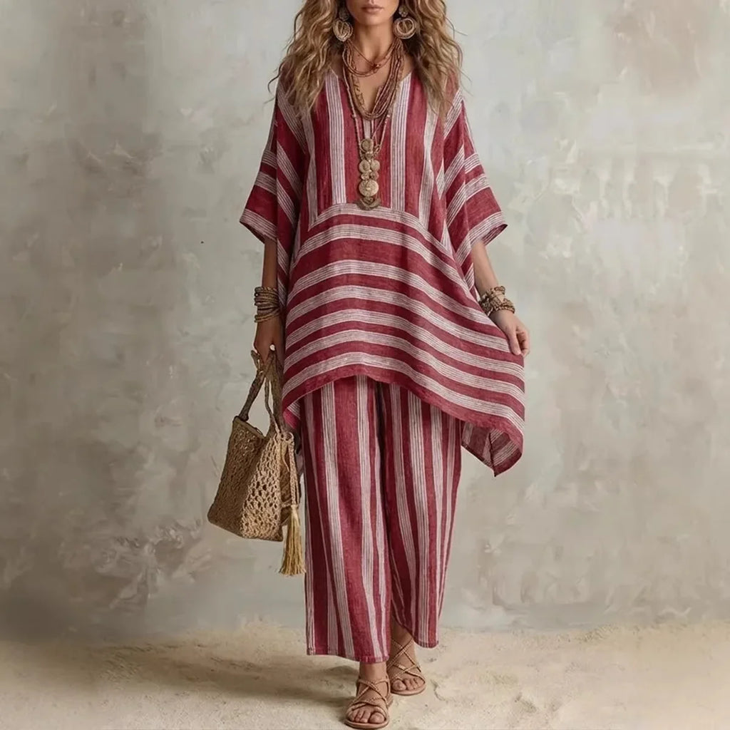 New Women's Two Piece Spring/summer Fashion V-Neck Loose Striped