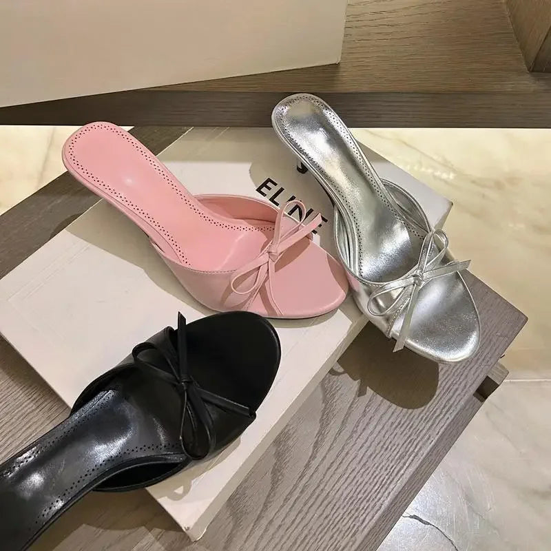 Satin Butterfly-knot Women Slippers Fashion Polka Dot Party Dress Slides Thin High Heel Ladies Elegant Slides Pump