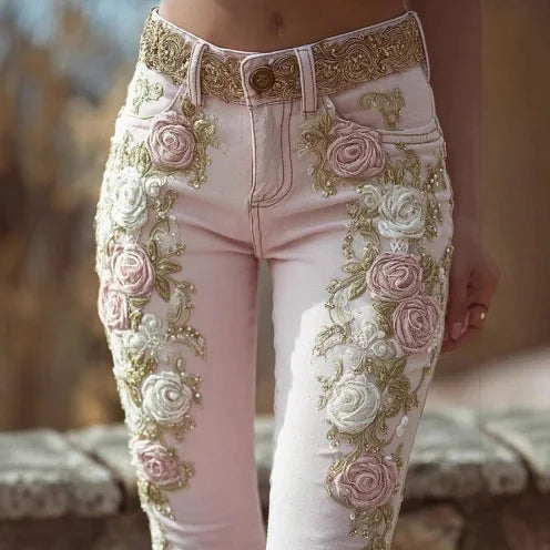 Spring Autumn New Women's High Waist Rose Embroidery Beaded Denim Pants Versatile Comfortable Casual Trendy Commuting Daily Wear