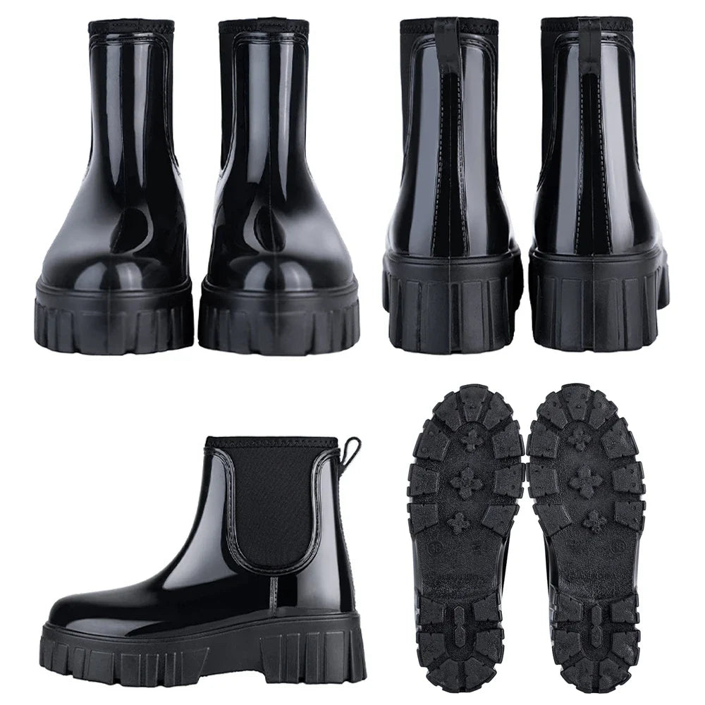 PVC Fashion Rain Boots Shoes For Women Solid Anti-slip Wear-resistant Thick Soled Shoes Low Cut High Top Round Toe Waterproof Water Shoes