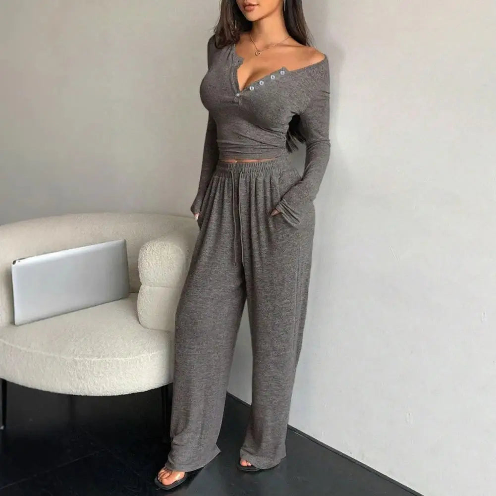 Button Up Crop Top & Wide Leg Pants Set, Women's Long Sleeve Matching