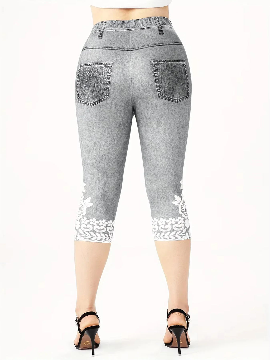 Plus Size Women's Imitation Denim Printed Tight Capri High Elasticity Knitted Fashion Casual Leggings