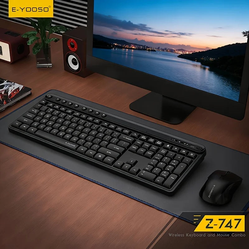 E-YOOSO Z-747 Wireless Keyboard Mouse Combo 2.4G Ergonomic Full Size Multimedia Keyboard Mice Set for Desktop Laptop Office