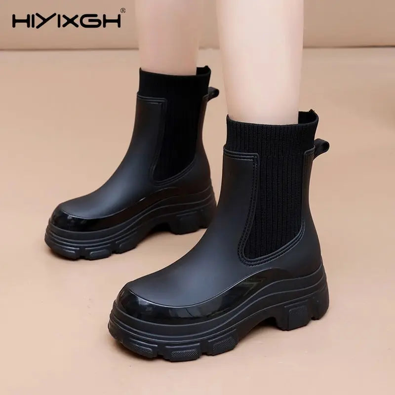 Women’s All-Season Black Durable Work Rain Boots, Waterproof Anti-Slip Platform Sole, Korean-Style Outdoor Fashion Boots