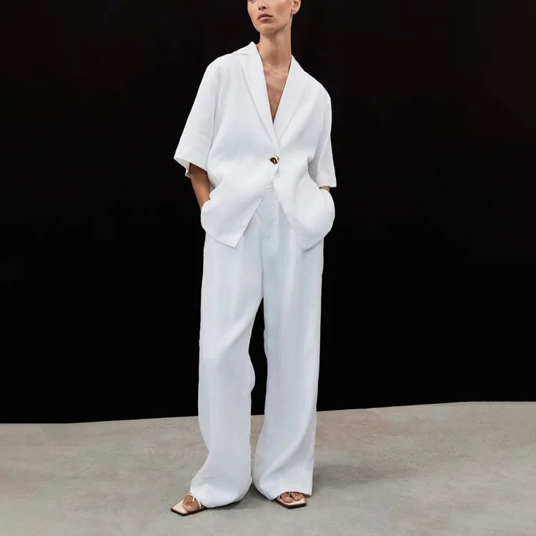 New Cotton Turn-Down Collar Half-Sleeve Top Wide-Leg Pants Two-Piece
