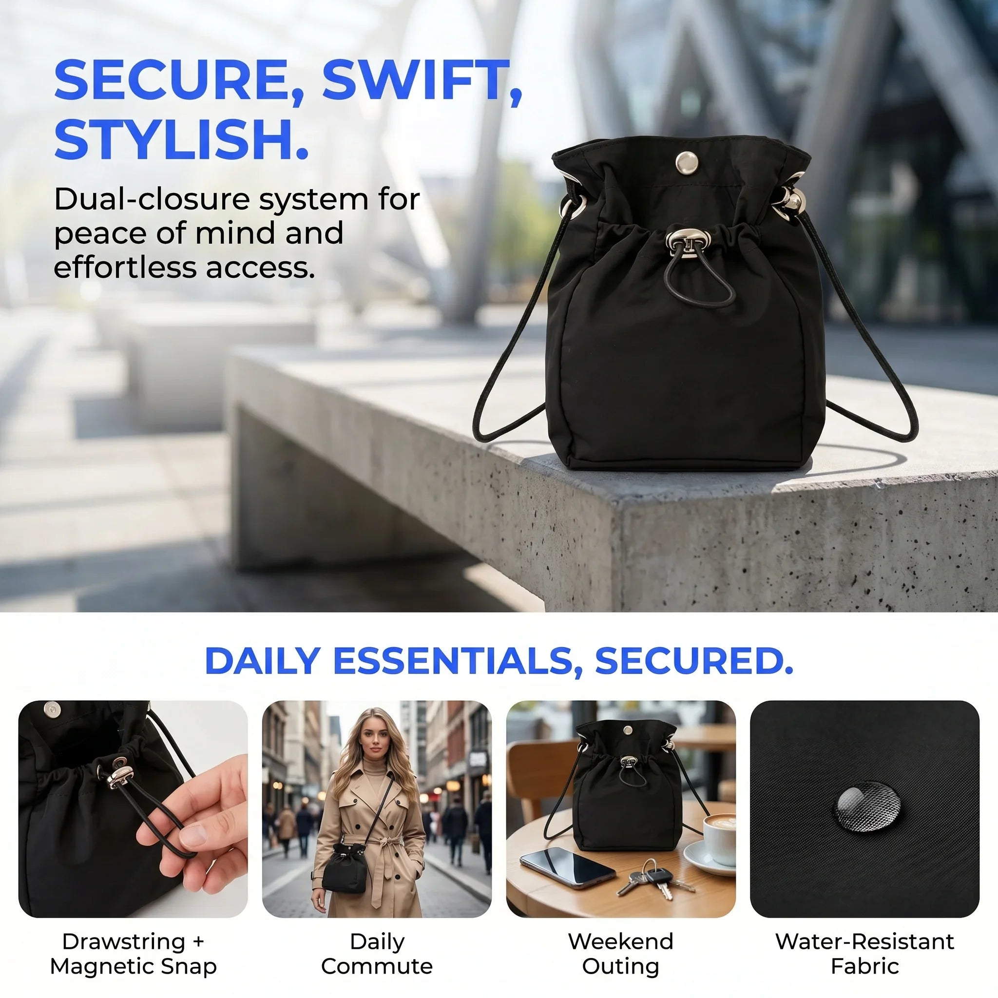 Unisex Lightweight Waterproof Nylon Drawstring Crossbody Bag Mini Dual Closure Adjustable Phone Shoulder Purse Travel Sling Bag