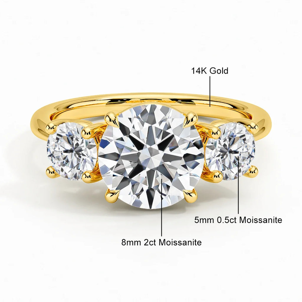 3 Stone D Color Moissanite Diamond Ring 14K Gold Engagement Wedding