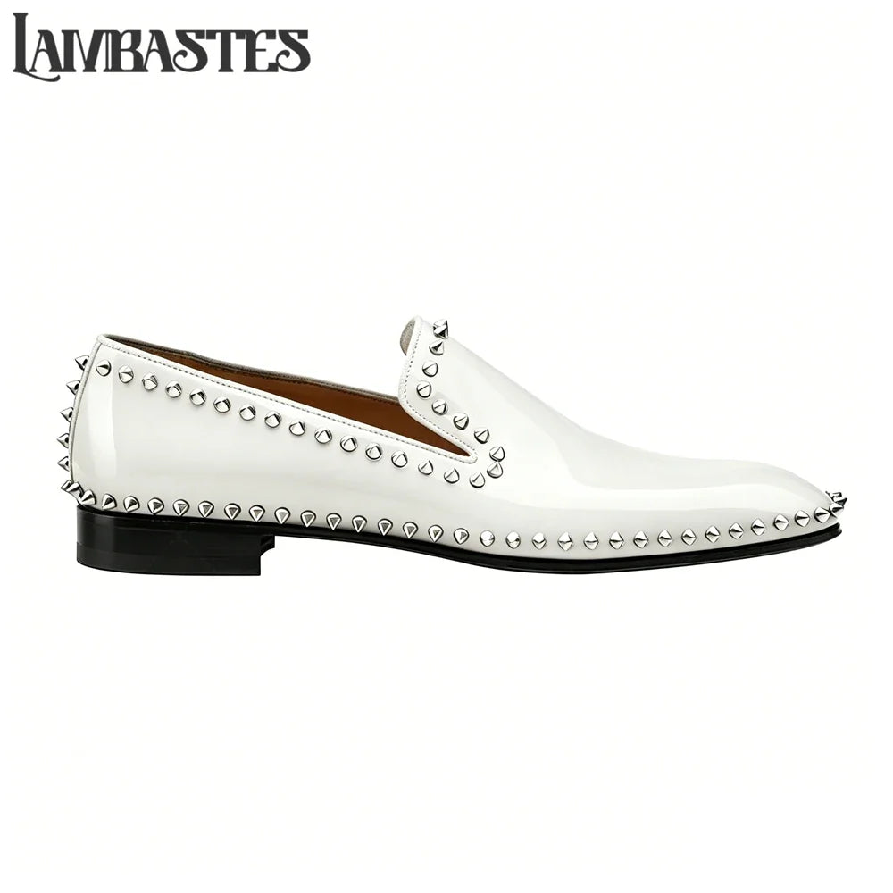 Metallic Stud Trimmed Mens Loafers Patent Matte PU Leather Slip on Shoes Edge Studded Accent Designer Style Formal Dress Shoes