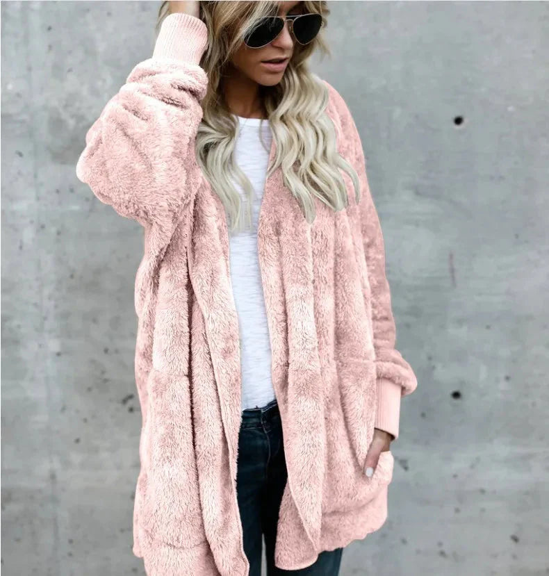 Double Fleece Plush Hooded Cardigan Jacket Women