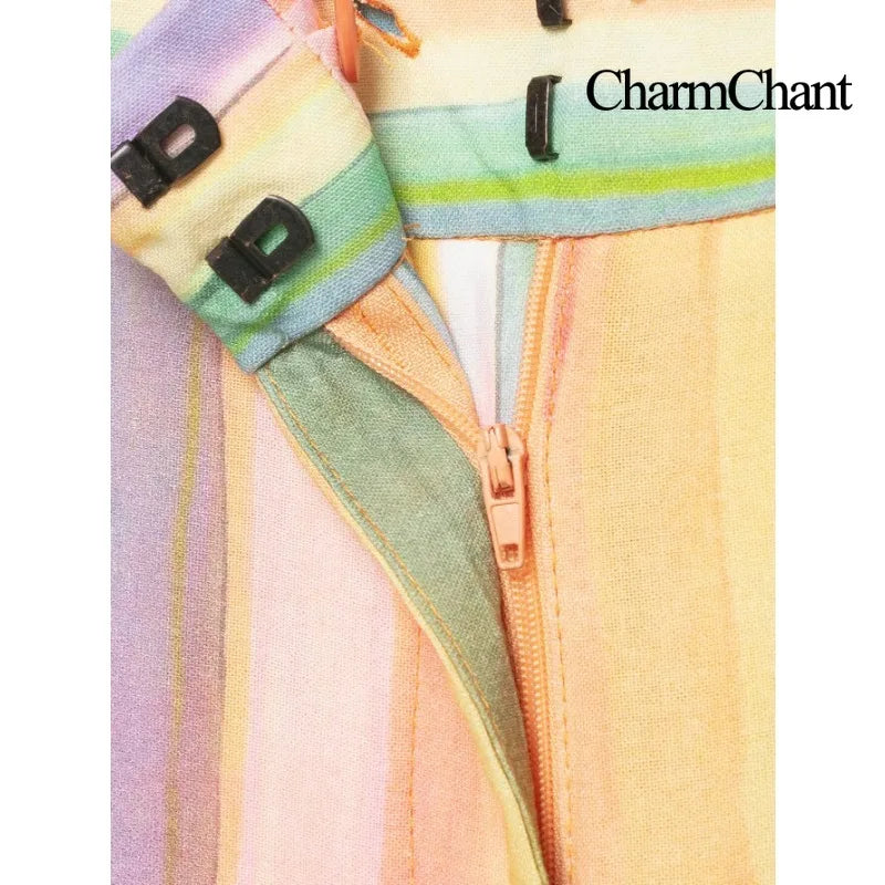 Charmchant Women's Colorful Stripe Two Piece Outfit Halter Backless