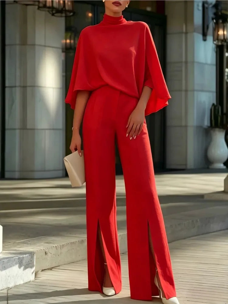 Autumn Women's Half Turtleneck Shawl Top Fashion Slit Wide Leg