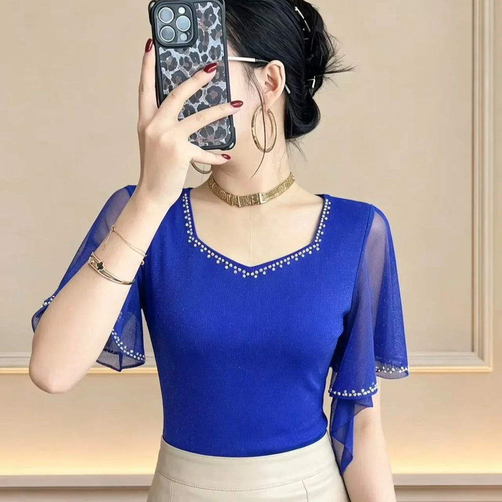 Summer New Diamond Shirt Short Sleeved Mesh Tops Slim Korean Fashion