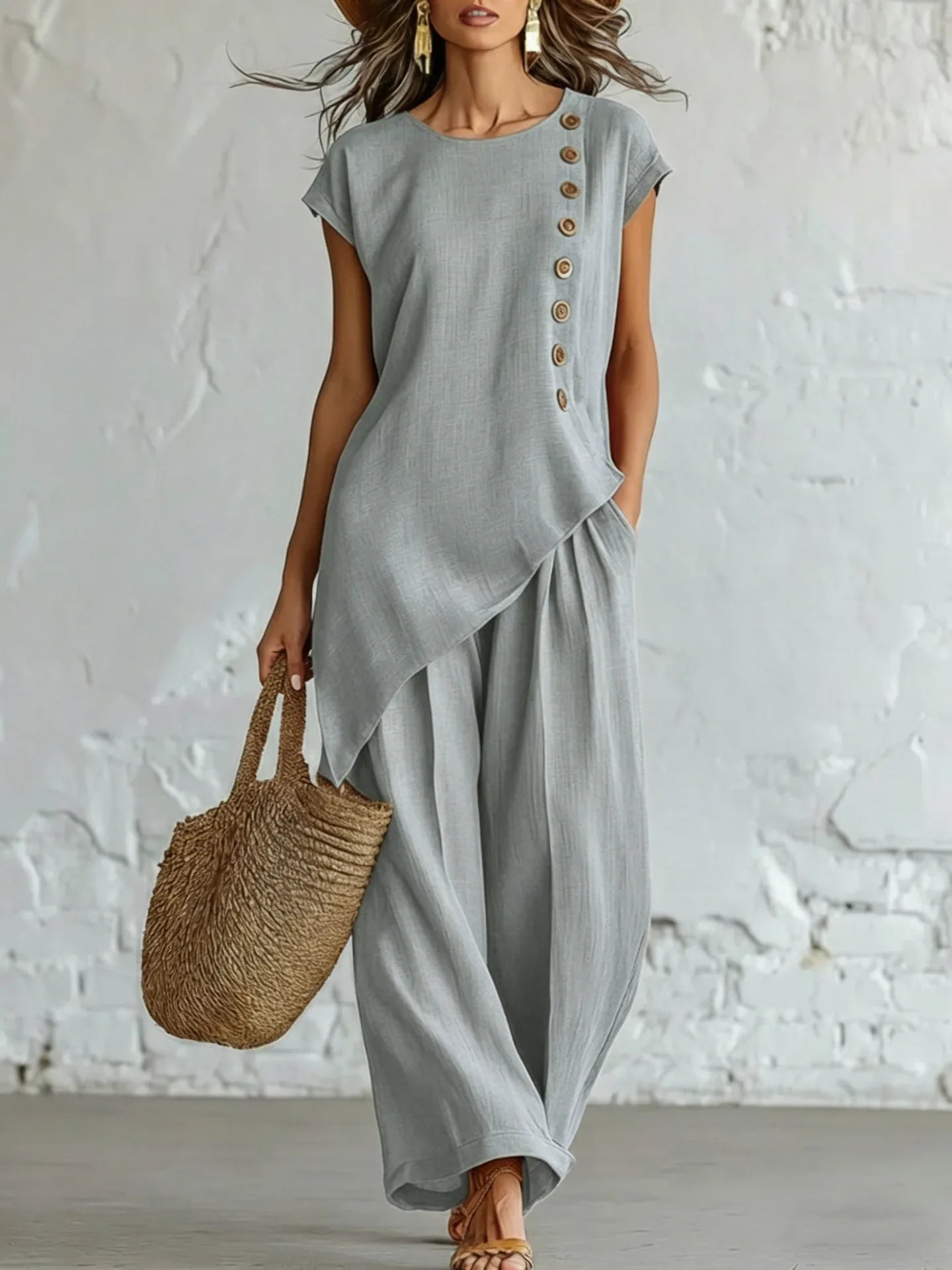 Women 2 Piece Set Elastic Waist Pocket Button Decorate Wide Leg