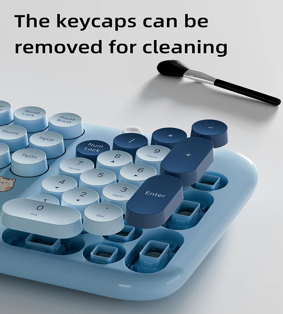 JOMAA™ Retro Cute Cat Wireless Keyboard & Mouse Combo – 104 Keys, Round Keycaps, 2.4GHz, Ergonomic, Auto Sleep, Multi-Language, Beige & Blue | FlipStylez LLC®