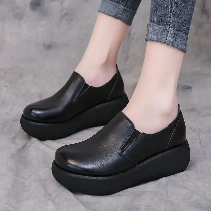 Leather Wedges Shoes Loafer Round Toe Platform Pumps Slip on Leisure