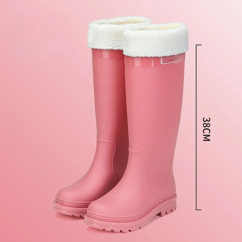 Adult Fashion Tall Rain Shoes Women's Water Boots Velvet Waterproof and Non-slip Outer Snow Boots