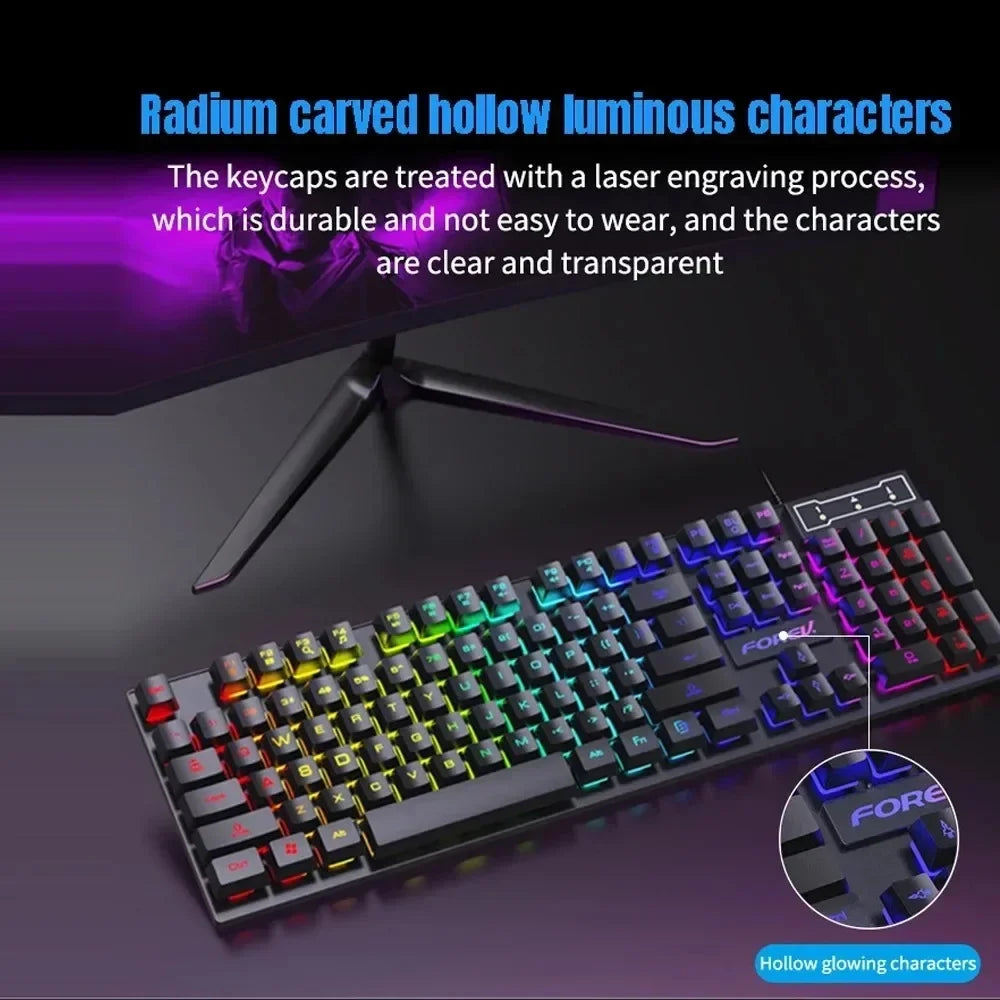 Kebidumei™ 104-Key Backlit Mechanical-Feel Wired Gaming Keyboard & Mouse Set – 3-Color Rainbow Backlit, Waterproof, Laser-Engraved Floating Keycaps, USB, PC & Laptop | FlipStylez LLC®