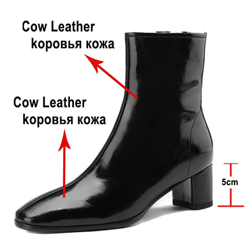 Meotina Women Genuine Leather Ankle Fur Wool Boots Round Toe Thick Mid Heel Zipper Ladies Fashion Short Boot Autumn Winter Shoes