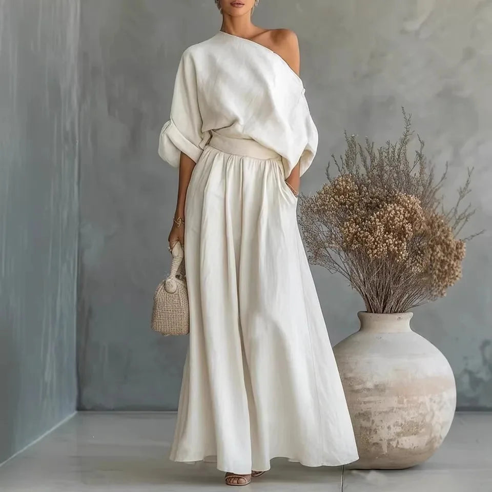 Elegant Two-Piece Short Sleeve Top & Casual Pants Set Woman Sexy Slash