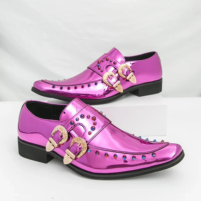 New Gold Men Dress Shoes Rivet Breathable Square Toe Double Buckle