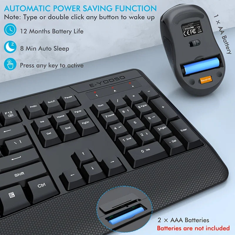 E-YOOSO™ 2.4GHz Wireless Ergonomic Keyboard & Mouse Set – Wrist Rest, Optical Mouse, Home Office Combo | FlipStylez LLC®