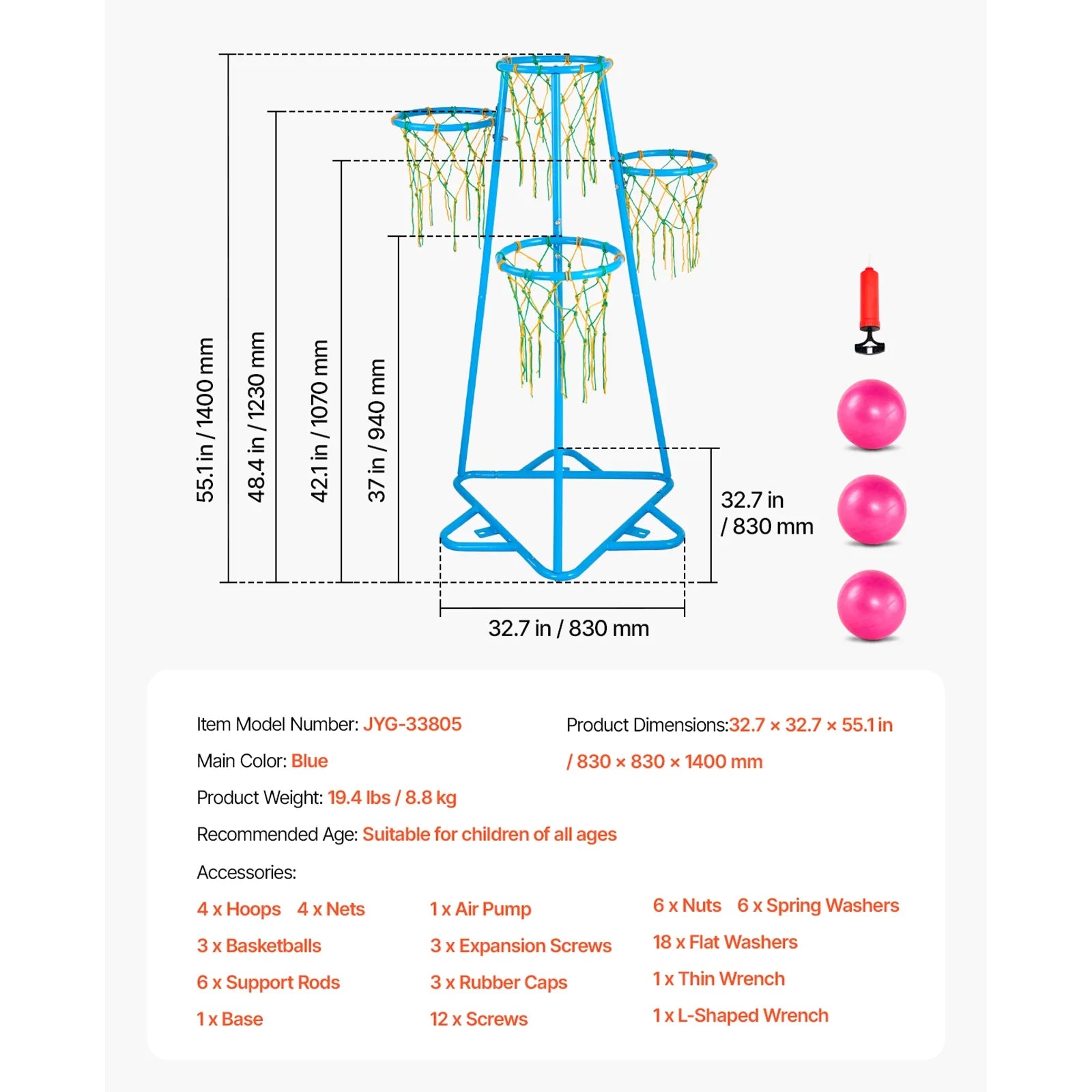 SucceBuy 4-Hoop Kids Basketball Hoop Stand with Adjustable Heights & 3 Balls for Boys Girls Indoor Outdoor Basketball Sport Toys
