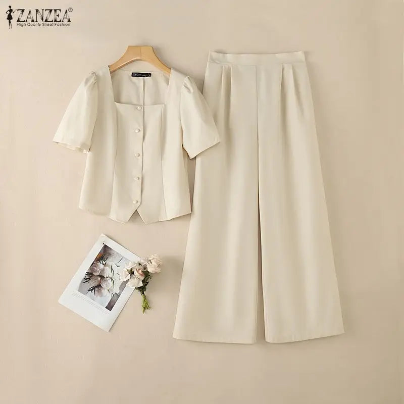 2PCS Women OL Work Outfits Zanzea Summer Square Neck Short Sleeve