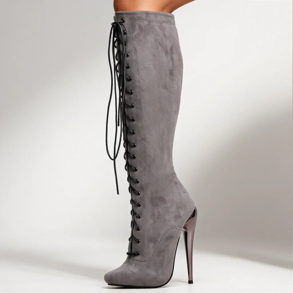 Unisex Purple Suede Lace-Up Knee High Boots 15cm/6" Stiletto Heel Sexy Nightclub Pole Dancing Cosplay Shoes Plus Size 36-46