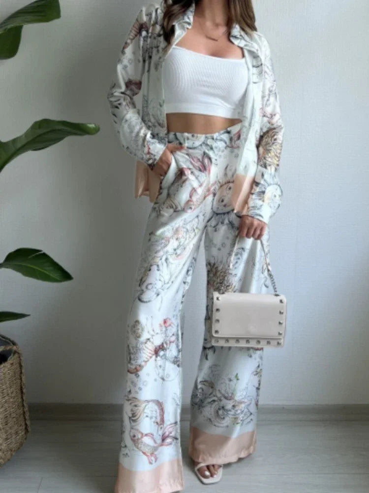 2 Pieces Set for Woman Summer New Elegant Print Long Sleeves Shirt