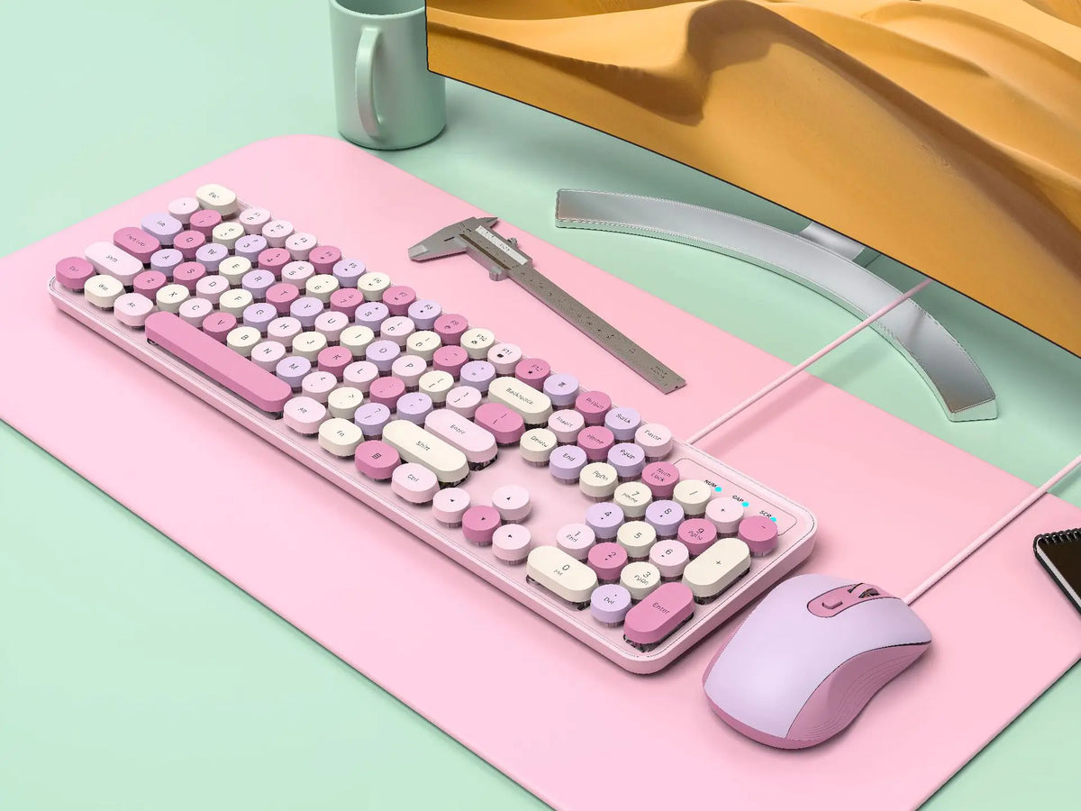 AEVYVKV™ Cute Retro Pink Wireless Keyboard & Mouse Set – Silent, 114 Keys, 2.4GHz, Waterproof, Aesthetic Desk | FlipStylez LLC®