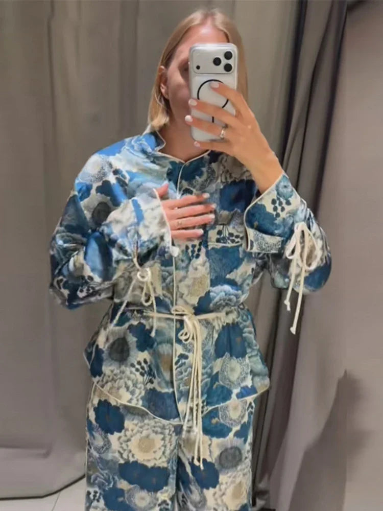 Casual Women's Printed Blouses Pant Set Loose Long Sleeve Lapel Lace