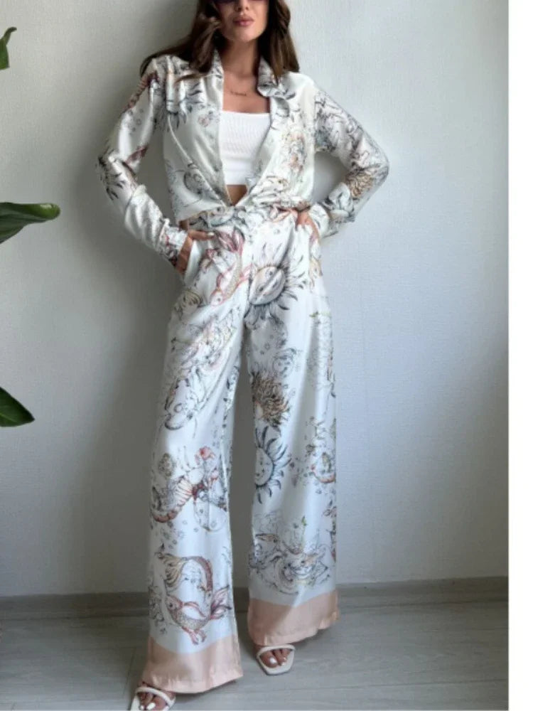 2 Pieces Set for Woman Summer New Elegant Print Long Sleeves Shirt