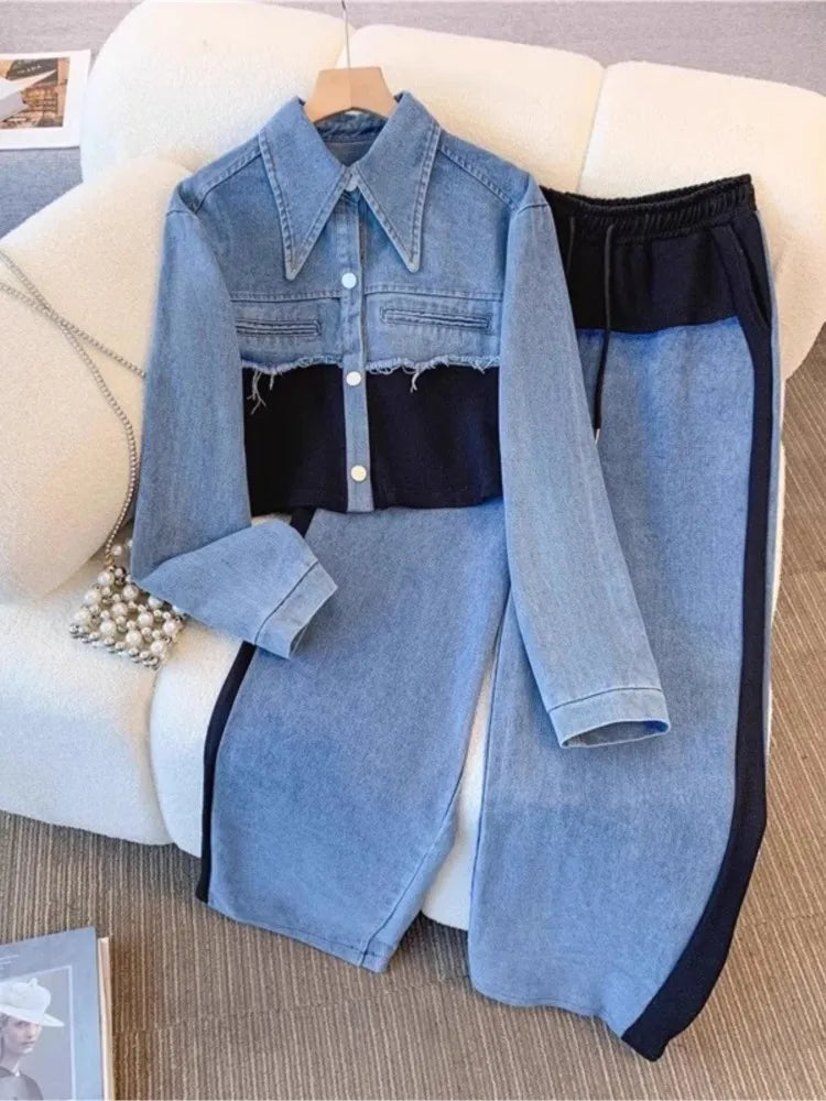 Blue Patchwork Pants Sets Women Fashion Long Sleeve Single-Breasted