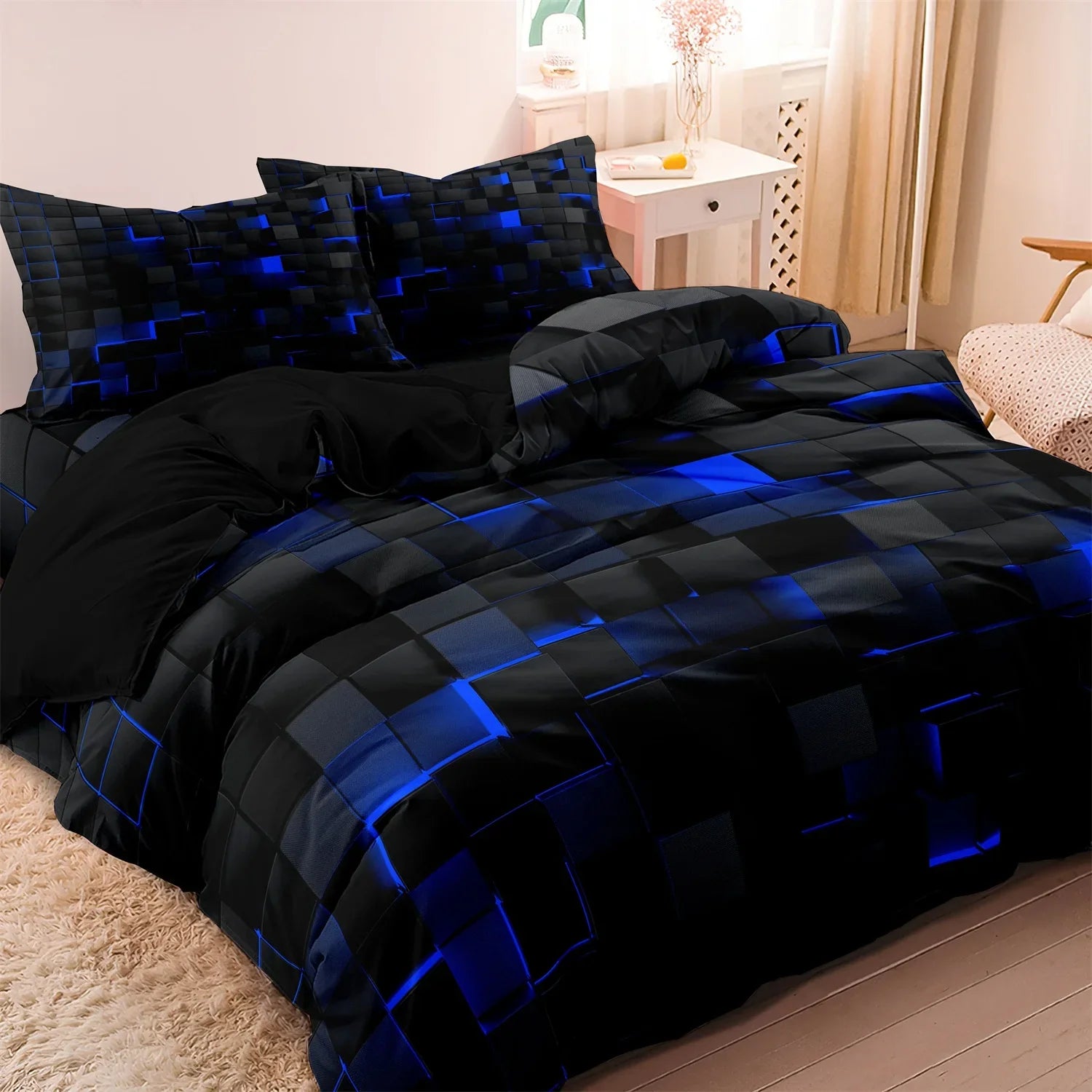 3pcs Luxurious Geometric Grid Plaid Print Soft Comfortable Duvet Cover