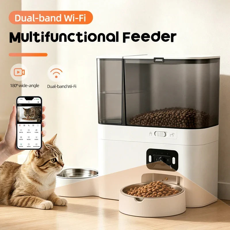Pet Food and Water Dispenser 5L+3L Button WiFi Camera Tuya APP Automatic Smart Cat Feeder for Cats Dogs Stainless Steel Bowl