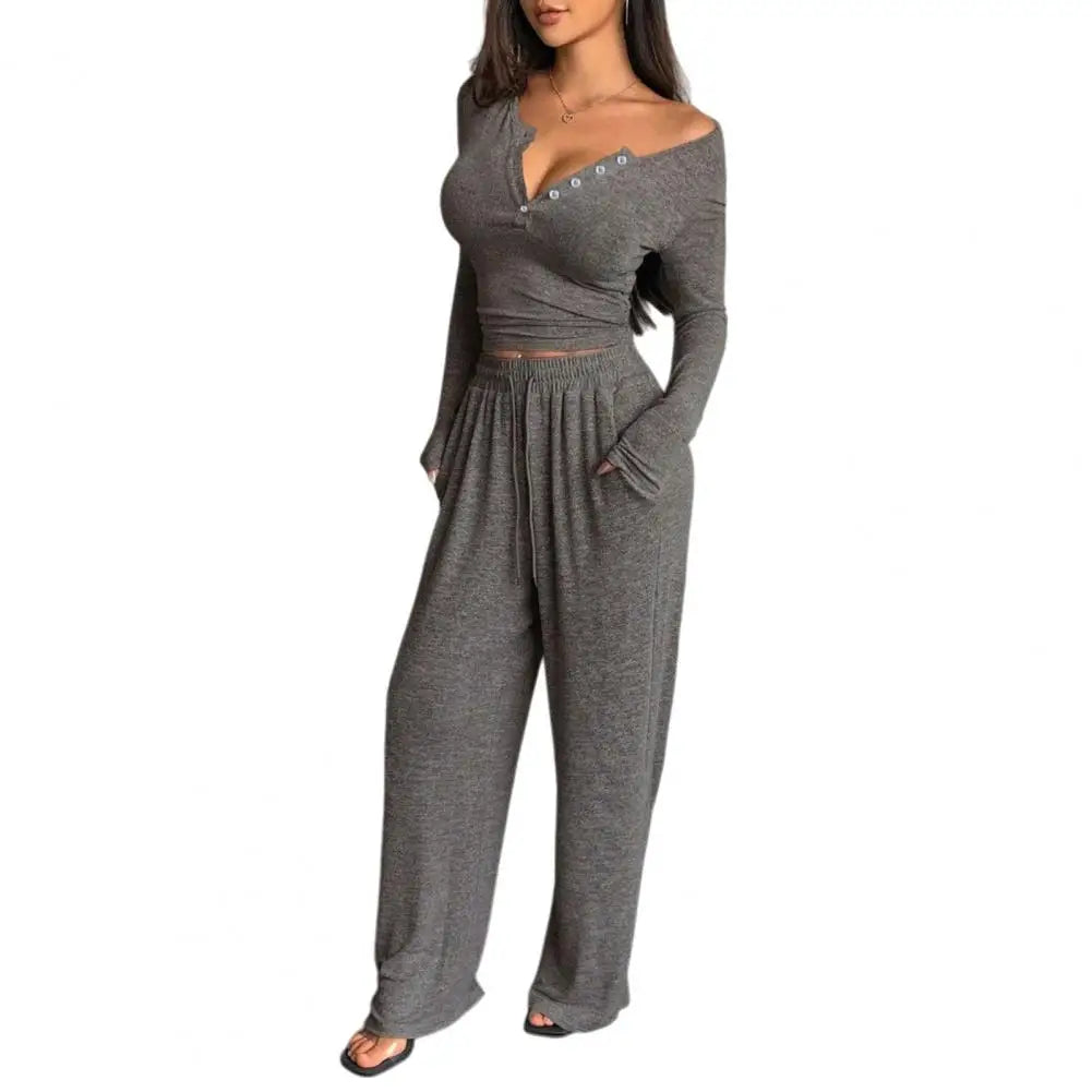 Button Up Crop Top & Wide Leg Pants Set, Women's Long Sleeve Matching