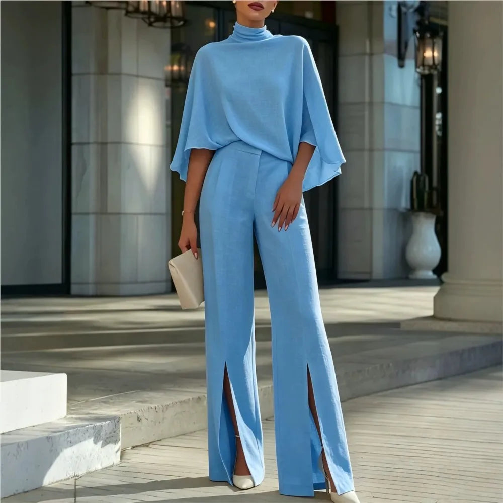 Autumn Women's Half Turtleneck Shawl Top Fashion Slit Wide Leg