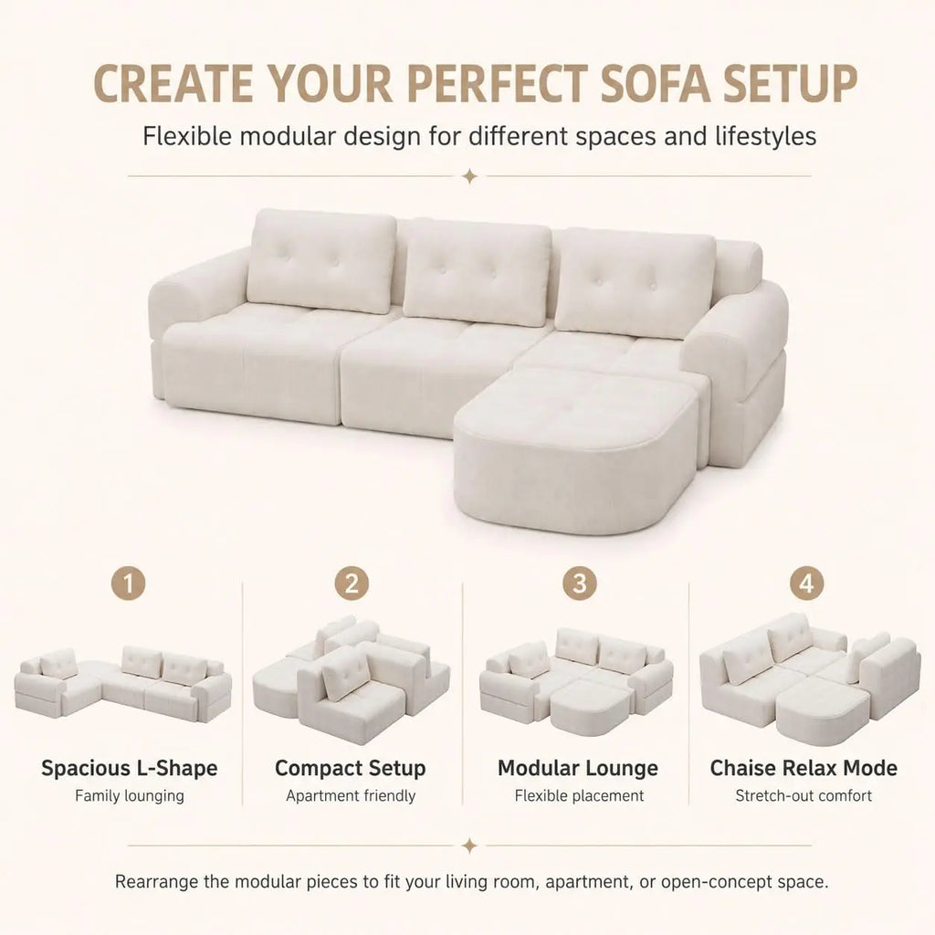 110" Boneless Chenille Cloud Sofa with Chaise, 4 Seater L-Shaped Modular Sectional for Living Room, Beige-White, Customized