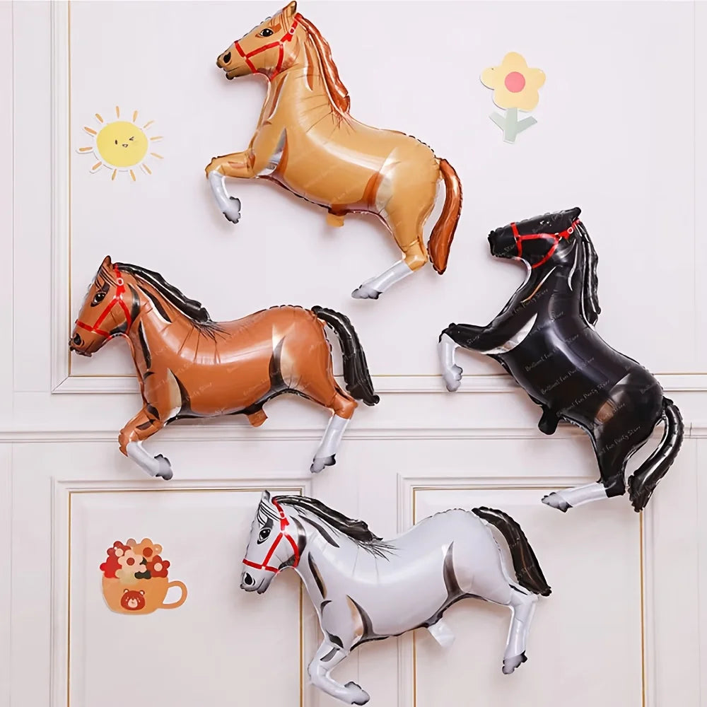 4 Western Cowboy Themed Party Balloons - Self-Sealing Aluminum Foil Horse Decorations, Brown and Black Horses with Gold Accents, Suitable for Birthdays, Father's Day, and Summer Celebrations