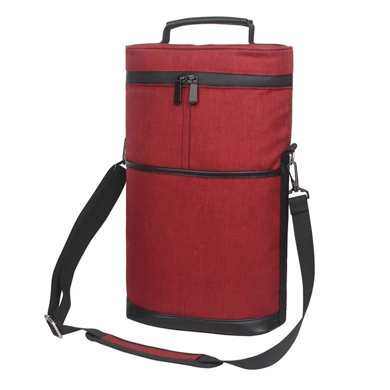 Portable Outdoor Wine Cooler Bag, Holds 2 Bottles 750ml Red Wine Beer, Handheld Insulated Travel Wine Carrier with Glass Storage